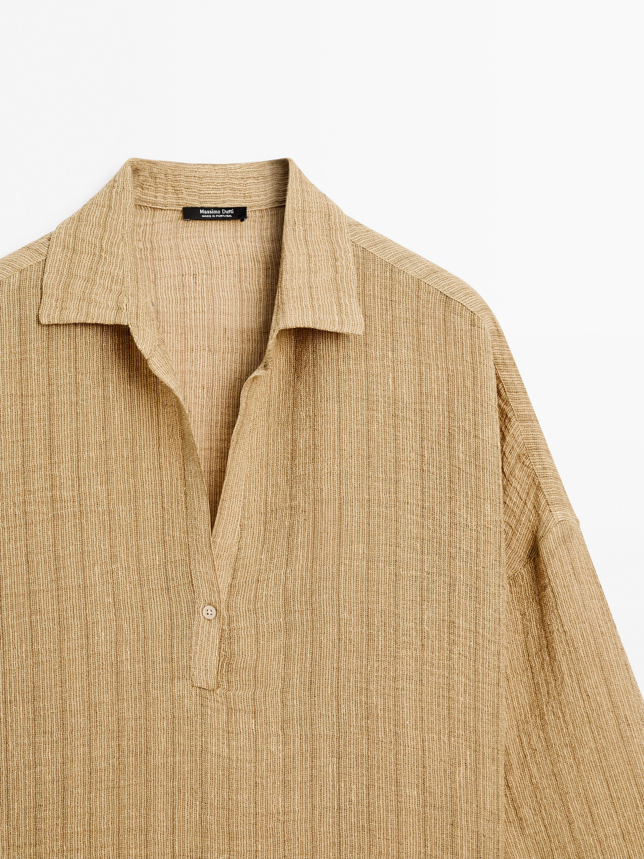 Linen blend open polo collar blouse